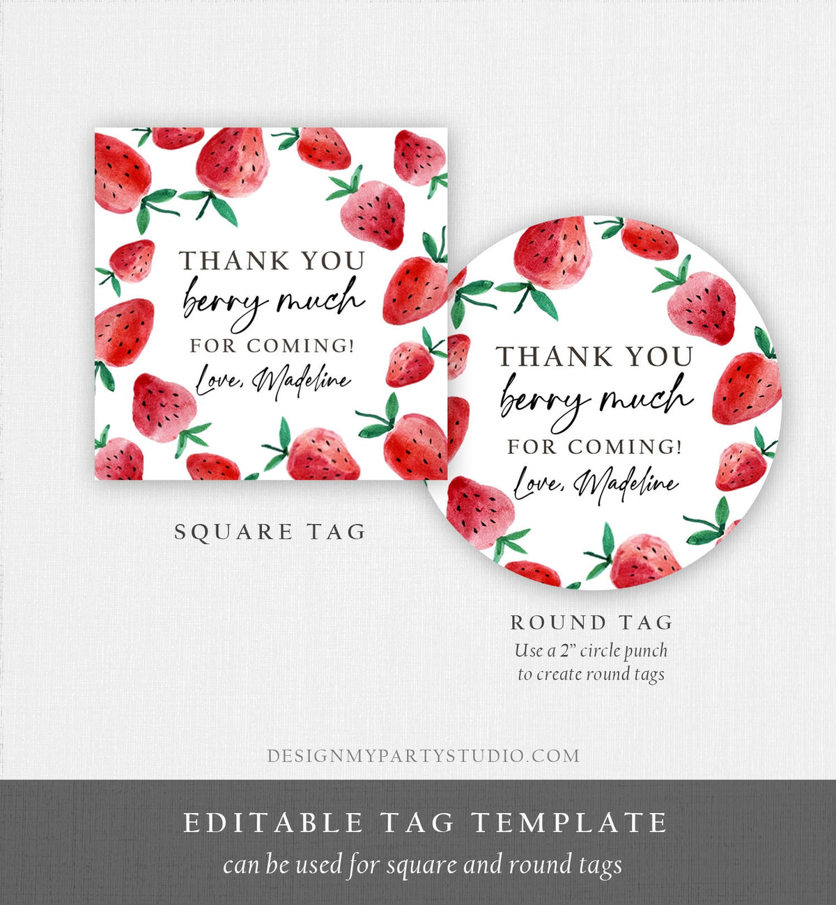 Editable Strawberry Favor Tag Strawberry Birthday Thank You Stickers Label Berry Much Gift Farmers Market Digital Template Printable 0399