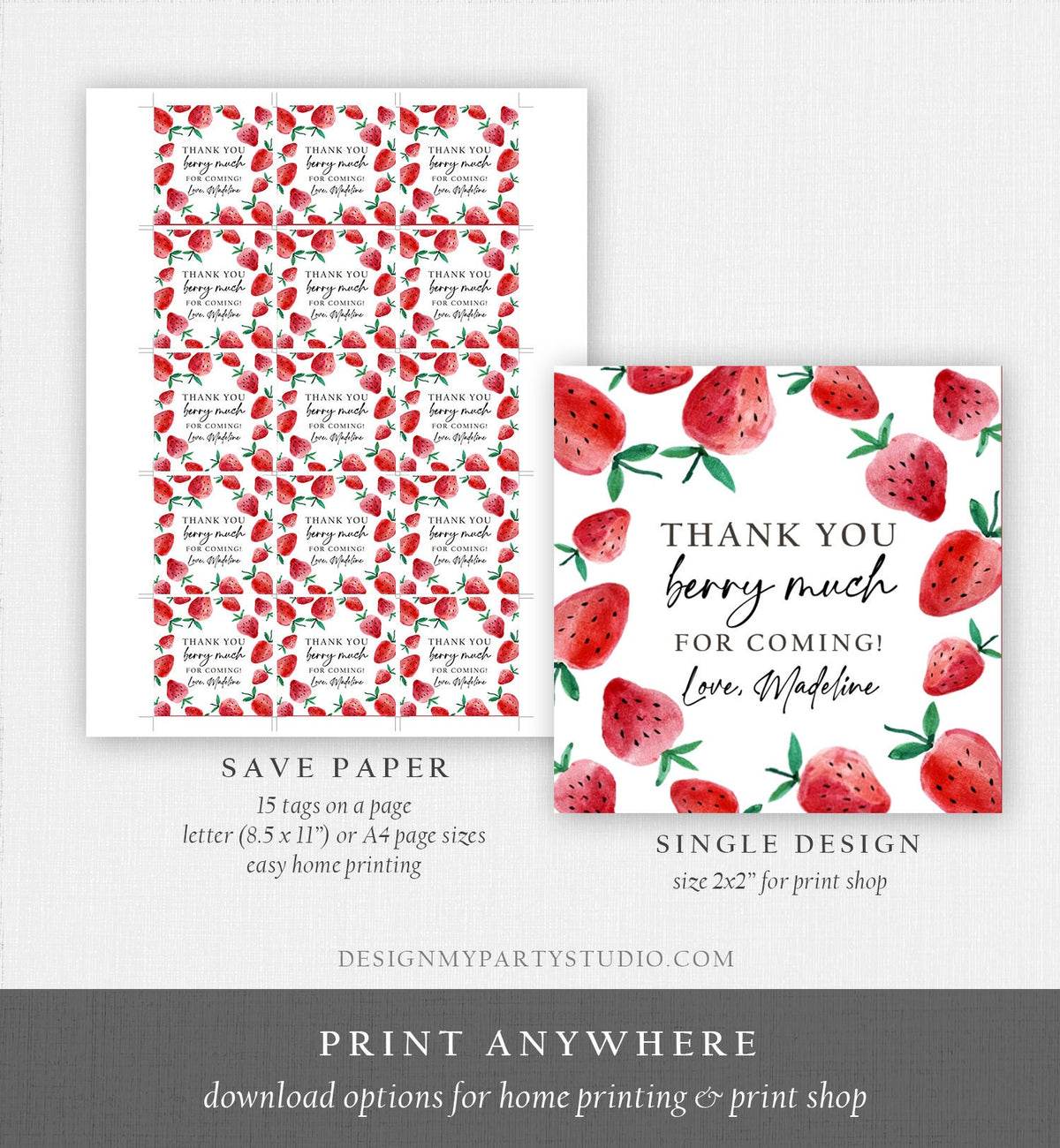 Editable Strawberry Favor Tag Strawberry Birthday Thank You Stickers Label Berry Much Gift Farmers Market Digital Template Printable 0399