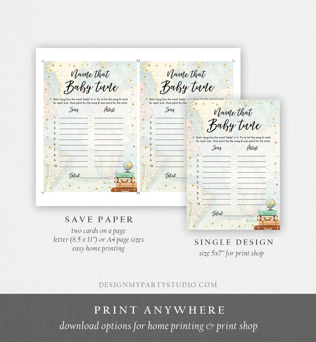 Editable Name That Baby Tune Game Travel Baby Shower Adventure Shower Game Baby Coed Suitcases Map Download Corjl Template Printable 0263