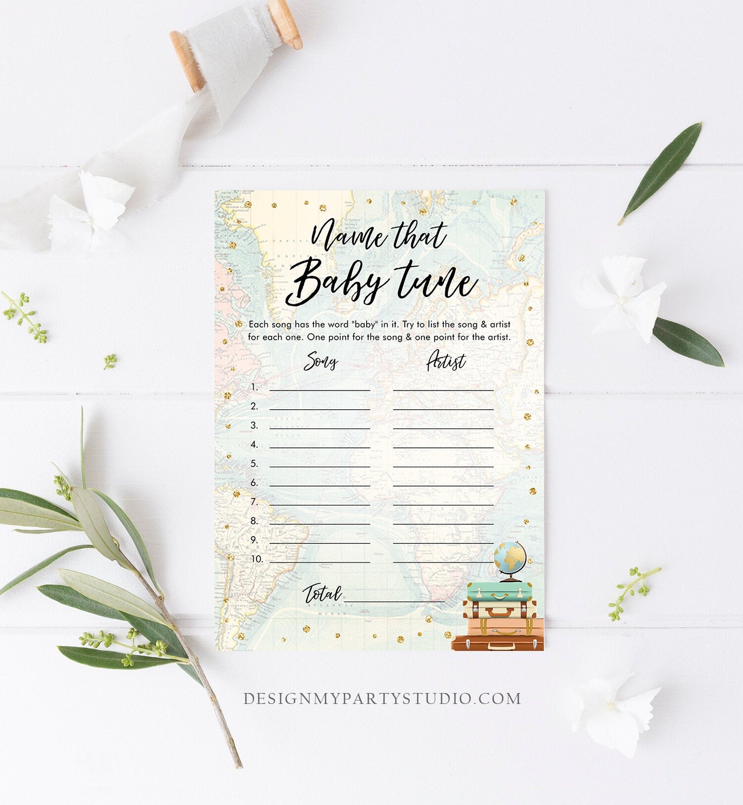 Editable Name That Baby Tune Game Travel Baby Shower Adventure Shower Game Baby Coed Suitcases Map Download Corjl Template Printable 0263