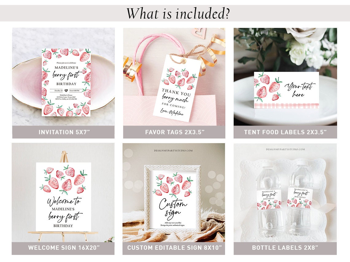Strawberry Birthday Birthday Invitation Bundle First Birthday Berry Sweet Party Pack Birthday Girl Package Digital Template Printable 0399