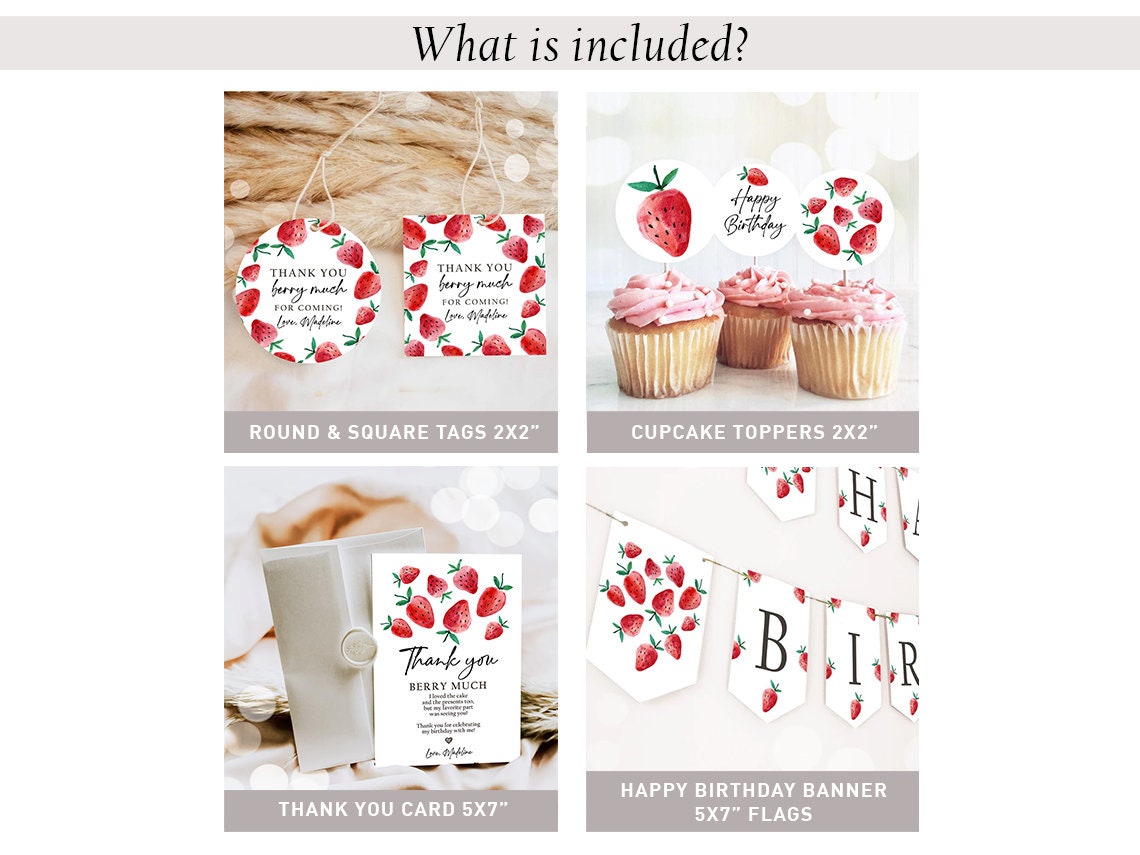 Strawberry Birthday Birthday Invitation Bundle 1st Girl First Birthday Berry Sweet Party Pack Package 1st Digital Template Printable 0399