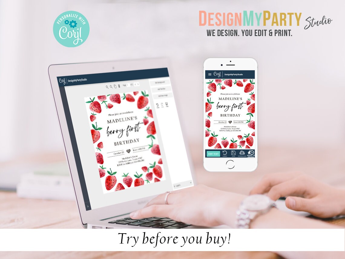 Strawberry Birthday Birthday Invitation Bundle 1st Girl First Birthday Berry Sweet Party Pack Package 1st Digital Template Printable 0399