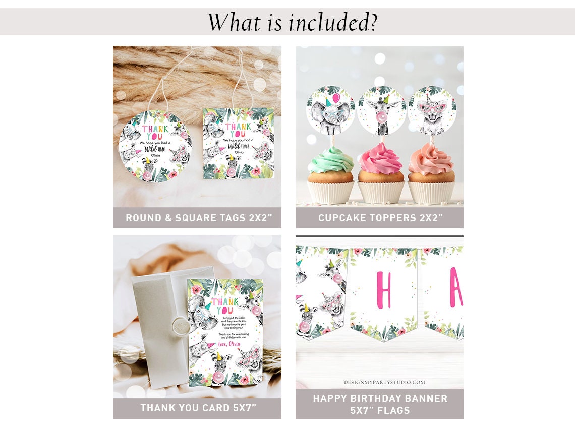 Party Animals Birthday Invitation Bundle Wild One Animals Zoo Safari Animals Girl Two Wild Party Pack Jungle Printable Corjl Template 0322