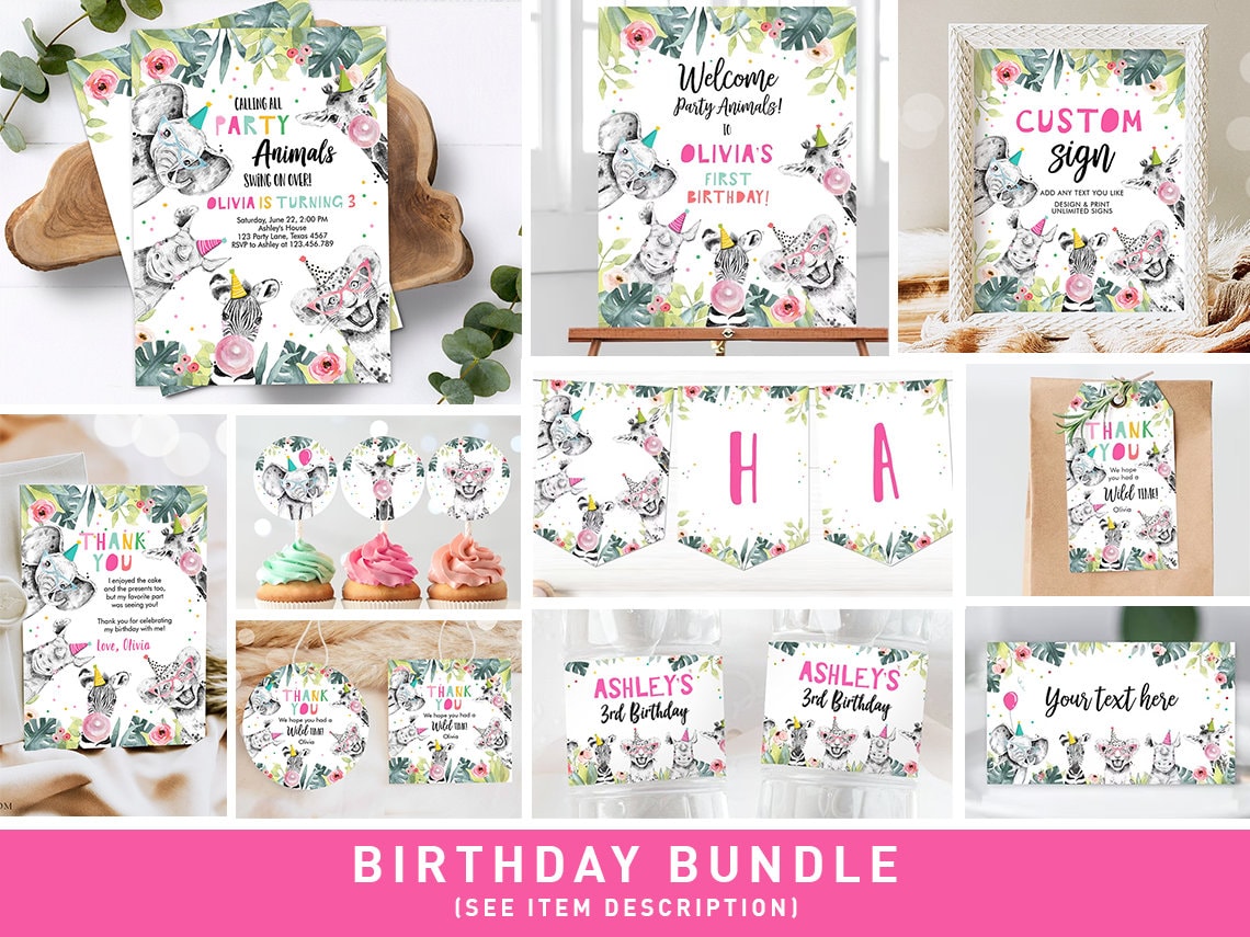 Party Animals Birthday Invitation Bundle Wild One Animals Zoo Safari Animals Girl Two Wild Party Pack Jungle Printable Corjl Template 0322