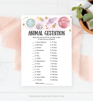 Editable Animal Gestation Baby Shower Game Card Outer Space Planets Galaxy Girl Pregnancy Activity Printable Download Template Corjl 0357