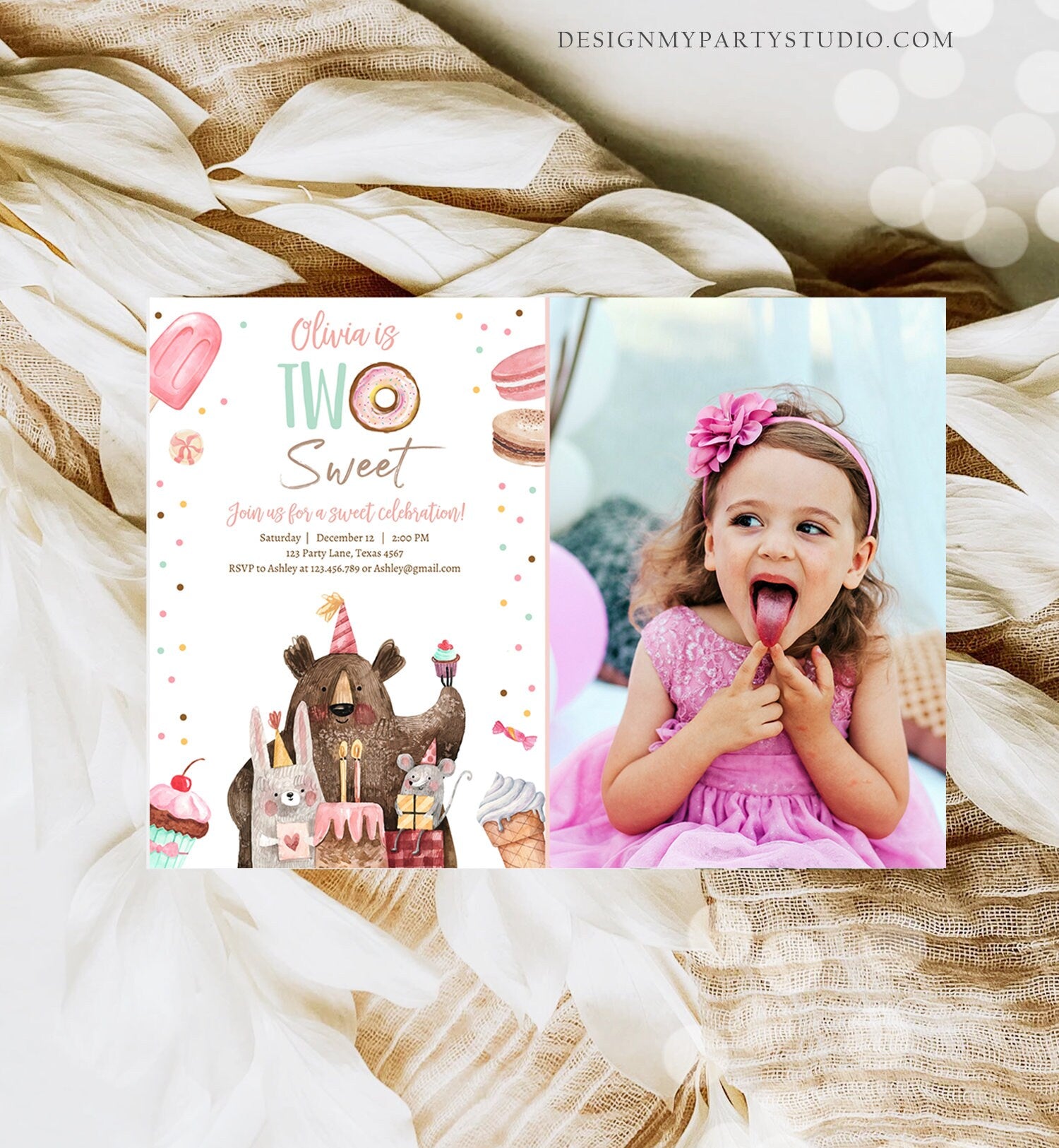 Editable Two Sweet Birthday Invitation Second Birthday Party Girl Donut Ice Cream Animals Digital Download Evite Template Printable 0373