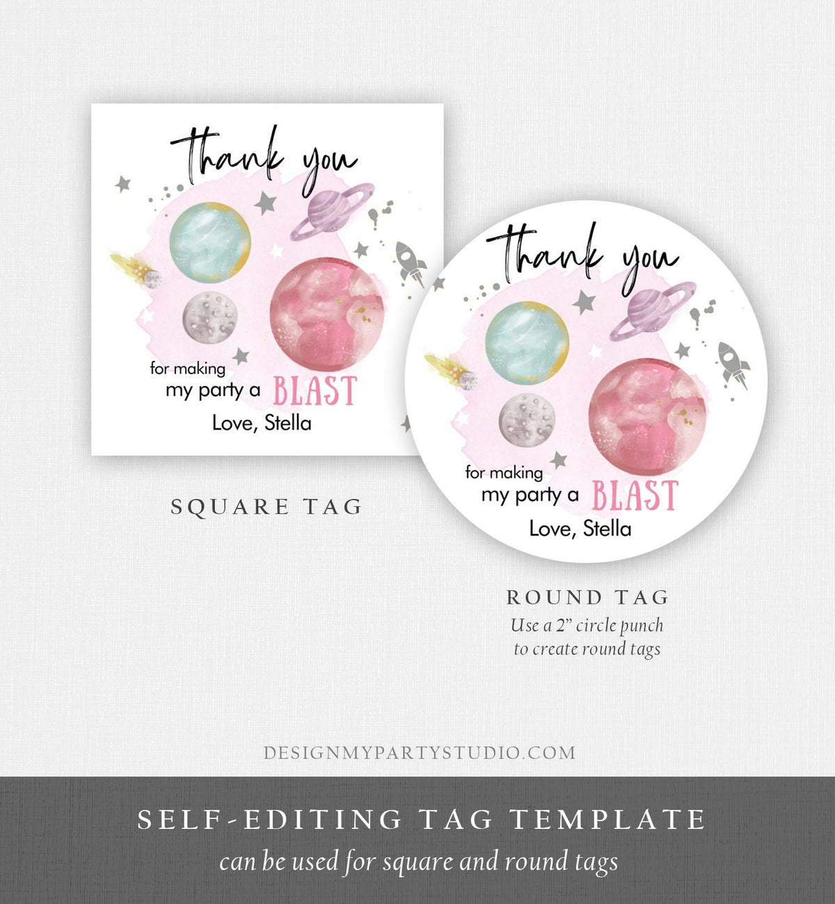 Editable Outer Space Favor Tag Space Birthday Thank You Sticker Galaxy Silver Trip Around the Sun Planets Digital Template Printable 0357