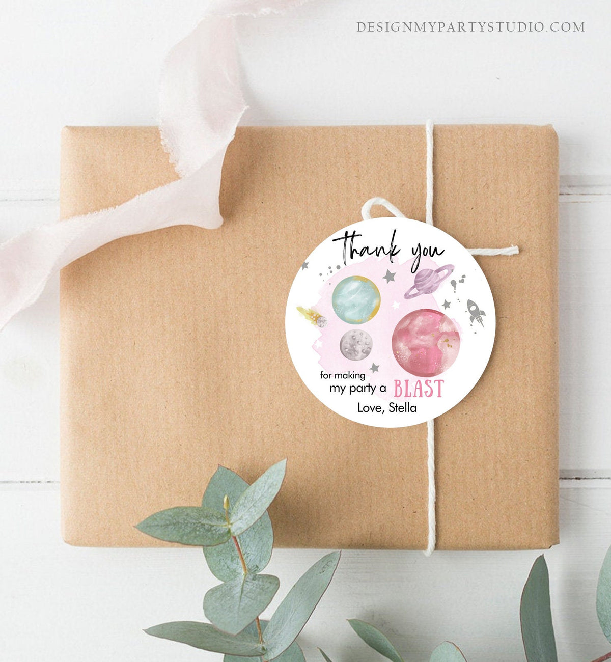 Editable Outer Space Favor Tag Space Birthday Thank You Sticker Galaxy Silver Trip Around the Sun Planets Digital Template Printable 0357
