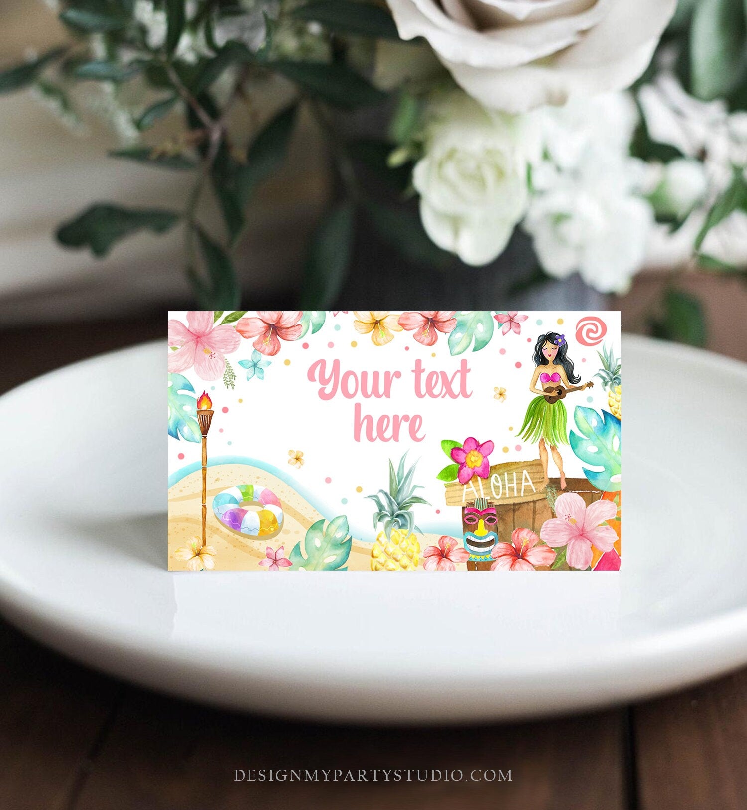 Editable Hawaiian Food Labels Luau Birthday Party Food Card Tent Card Girl Pink Tropical Name Card Pool Party Hawaii Template Digital 0413