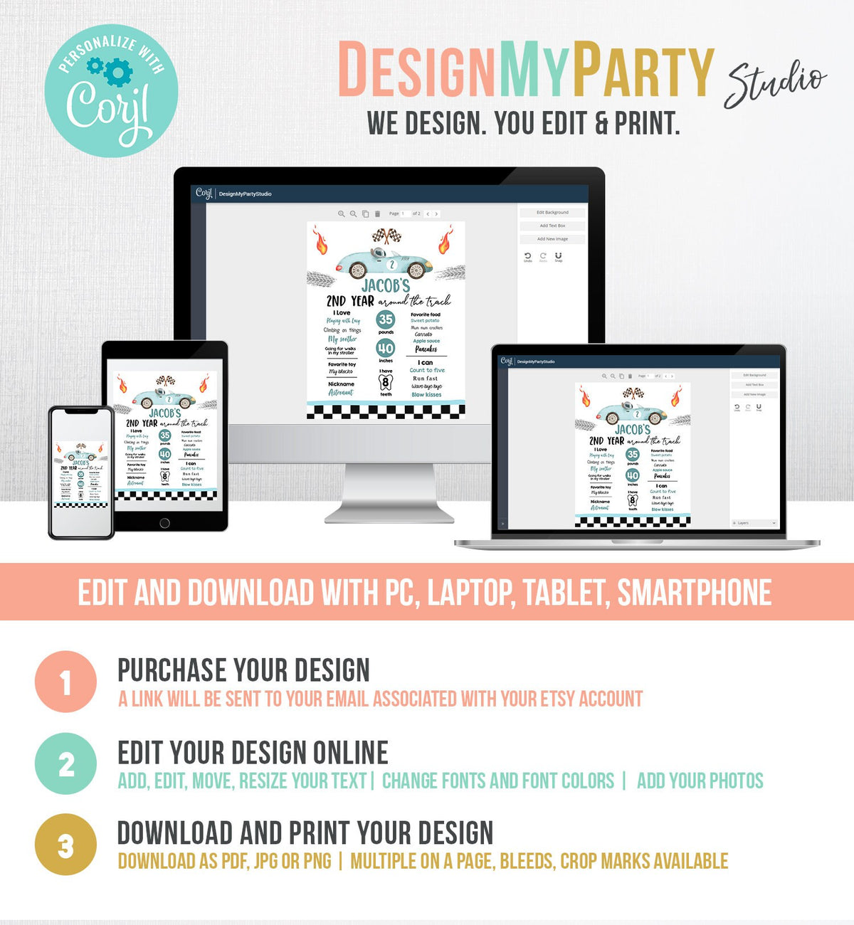 Editable Racing Birthday Milestones Sign Growing Up Two Fast Boy 2nd Year Around the Track Race Car ANY AGE Template Printable Corjl 0424