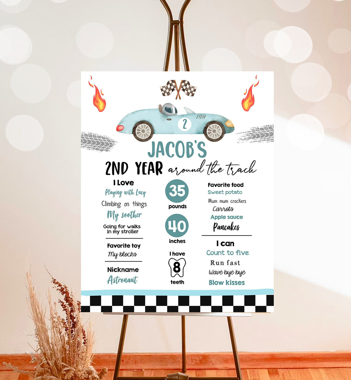 Editable Racing Birthday Milestones Sign Growing Up Two Fast Boy 2nd Year Around the Track Race Car ANY AGE Template Printable Corjl 0424