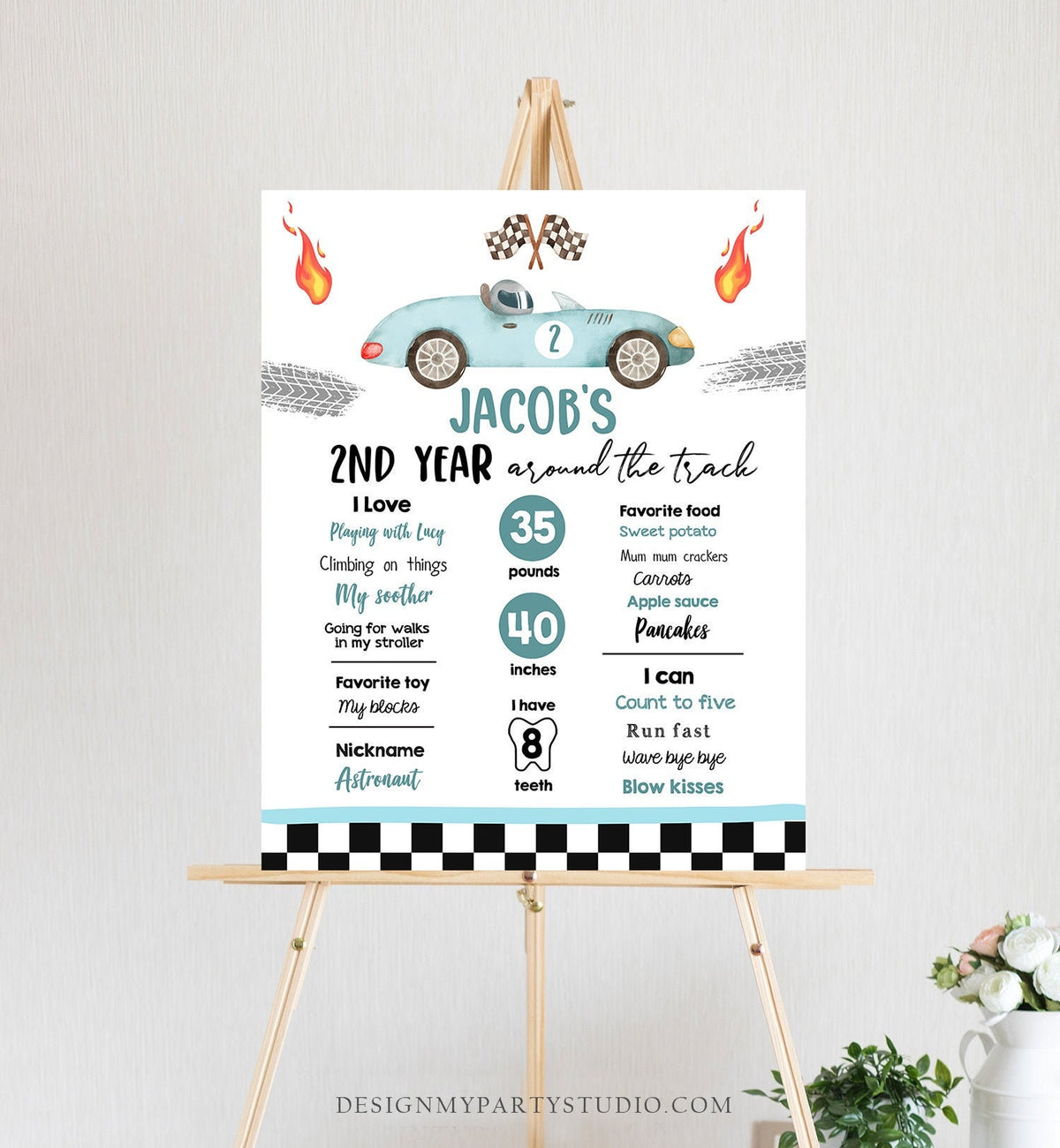 Editable Racing Birthday Milestones Sign Growing Up Two Fast Boy 2nd Year Around the Track Race Car ANY AGE Template Printable Corjl 0424