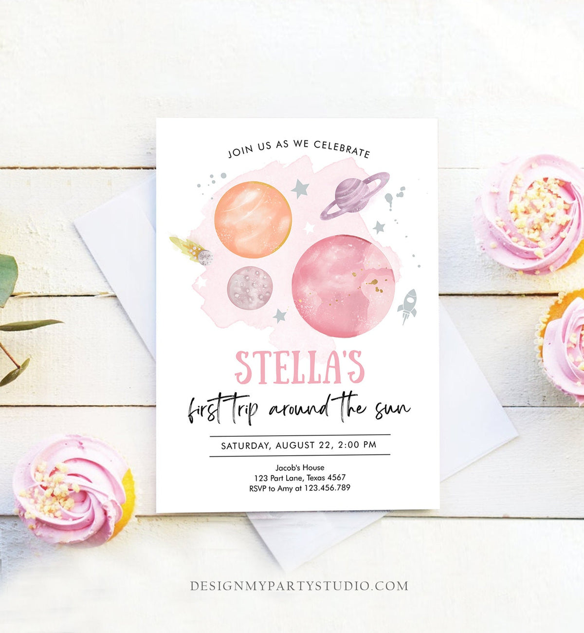 Editable Outer Space Girl First Birthday Invitation Galaxy First Trip Around the Sun Pink Silver Digital Download Template Printable 0357