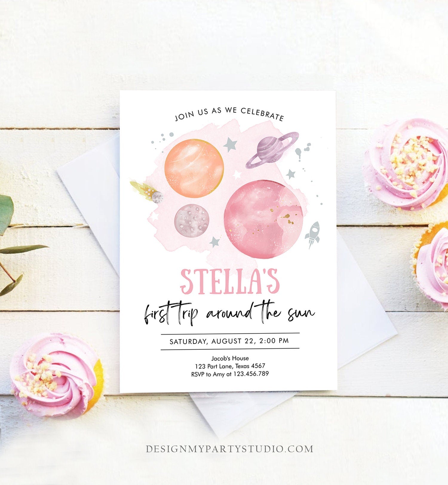 Editable Outer Space Girl First Birthday Invitation Galaxy First Trip Around the Sun Pink Silver Digital Download Template Printable 0357