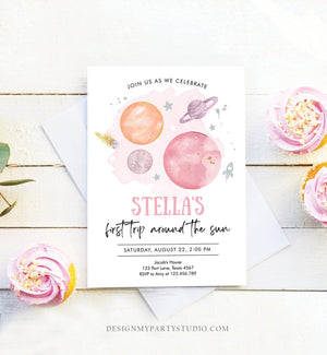 Editable Outer Space Girl First Birthday Invitation Galaxy First Trip Around the Sun Pink Silver Download Printable Template Corjl 0357