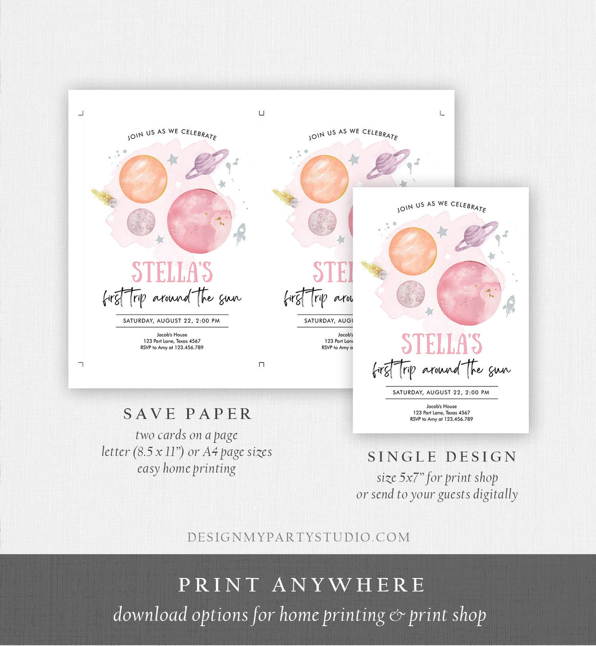 Editable Outer Space Girl First Birthday Invitation Galaxy First Trip Around the Sun Pink Silver Digital Download Template Printable 0357