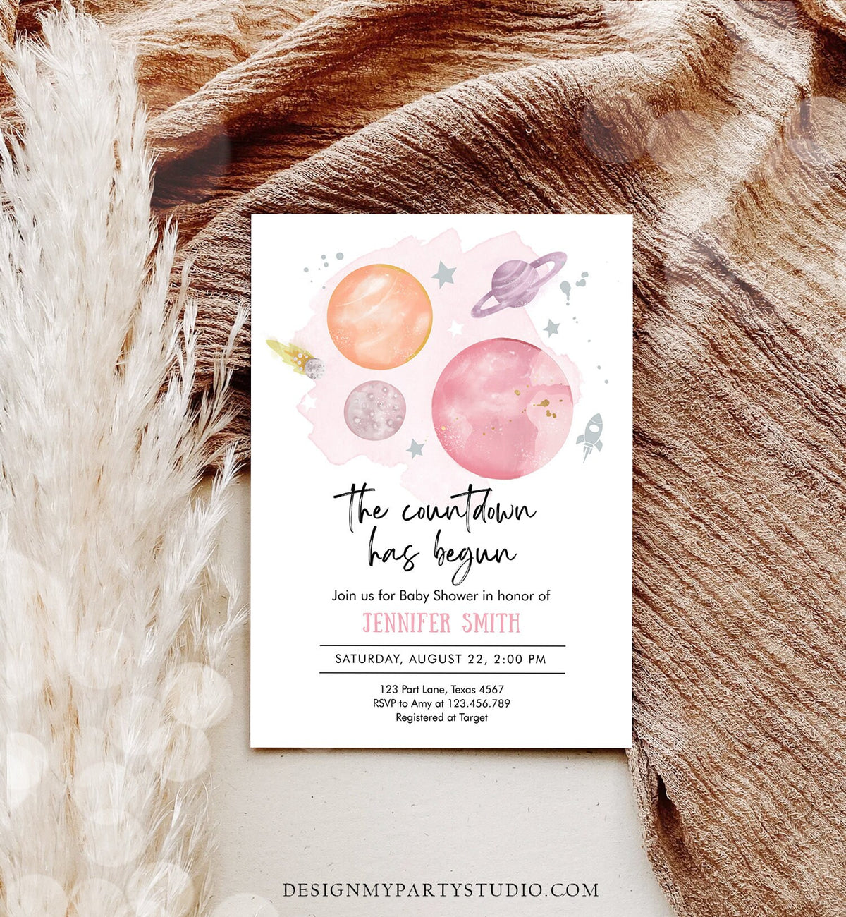 Editable Space Baby Shower Invitation Galaxy Outer Space Orange Girl Pink Planets Moon Countdown Invite Template Instant Download Corjl 0357