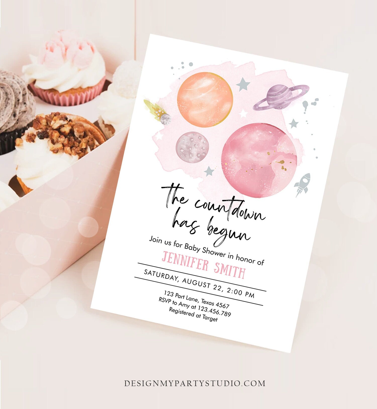 Editable Space Baby Shower Invitation Galaxy Outer Space Orange Girl Pink Planets Moon Countdown Invite Template Instant Download Corjl 0357