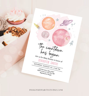 Editable Space Baby Shower Invitation Galaxy Outer Space Orange Girl Pink Planets Moon Countdown Invite Template Instant Download Corjl 0357