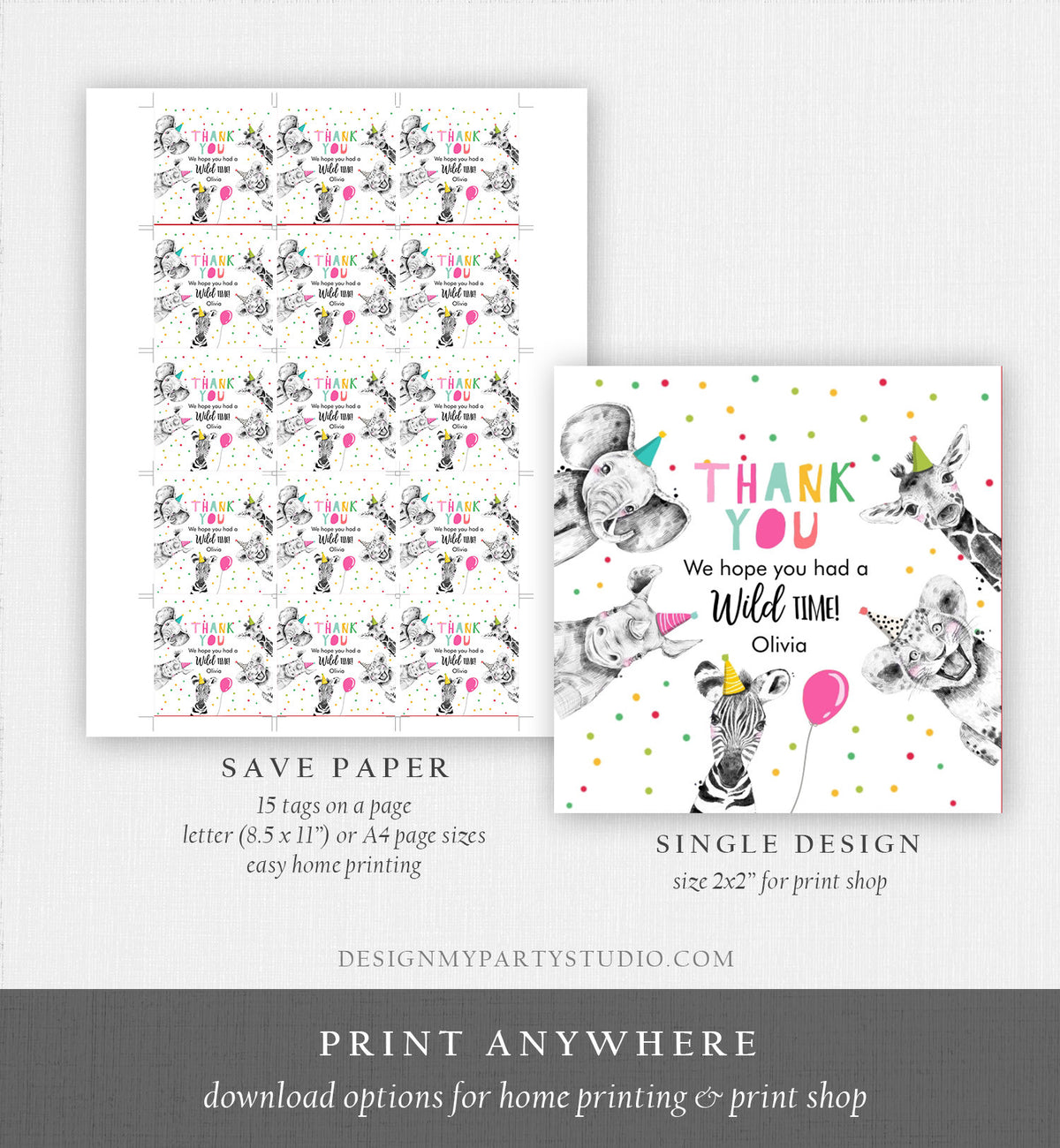 Editable Party Animals Favor tags Wild One Animals Thank you tag Safari Animals Zoo Birthday Wild Time Stickers Zoo Template Corjl 0390