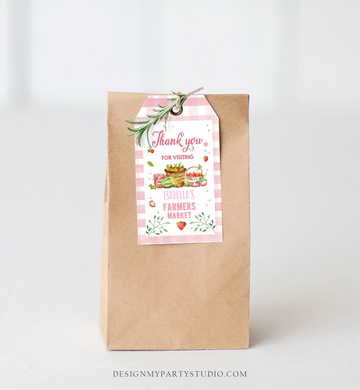 Editable Farmers Market Favor Tag Farmers Market Birthday Thank You Label Garden Gift Girl Pink Shower Gingham Corjl Template PRINTABLE 0144