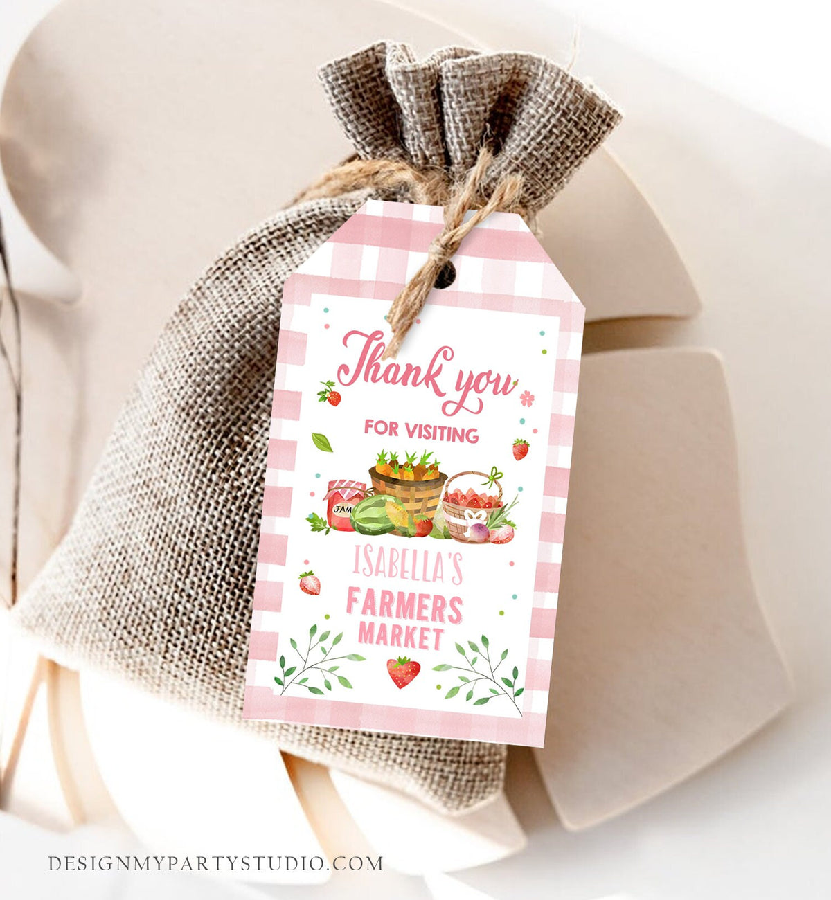 Editable Farmers Market Favor Tag Farmers Market Birthday Thank You Label Garden Gift Girl Pink Shower Gingham Corjl Template PRINTABLE 0144