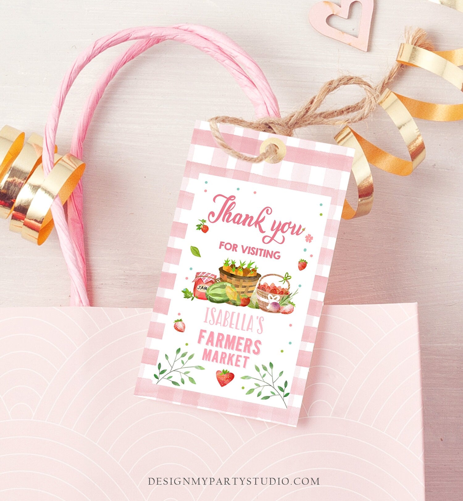 Editable Farmers Market Favor Tag Farmers Market Birthday Thank You Label Garden Gift Girl Pink Shower Gingham Corjl Template PRINTABLE 0144