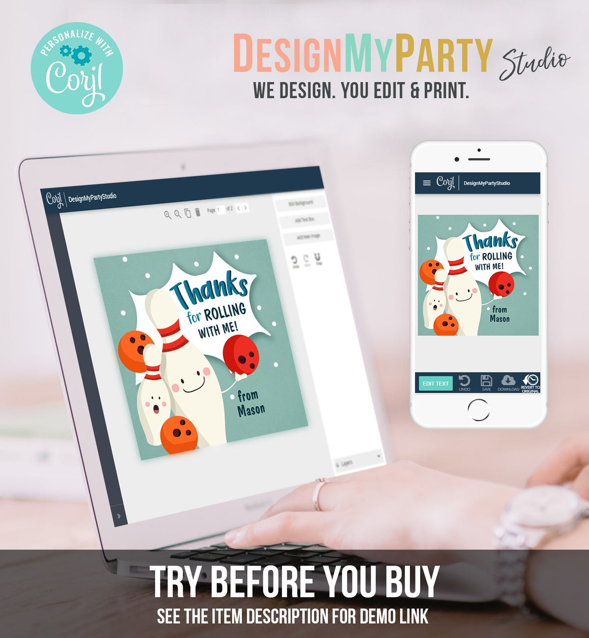 Editable Bowling Favor tag Bowling Party Boy Bowling Thank you tag Label Sticker Rolling With Me Labels Bowling Birthday Template Corjl 0324