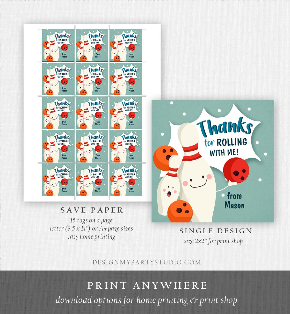 Editable Bowling Favor tag Bowling Party Boy Bowling Thank you tag Label Sticker Rolling With Me Labels Bowling Birthday Template Corjl 0324