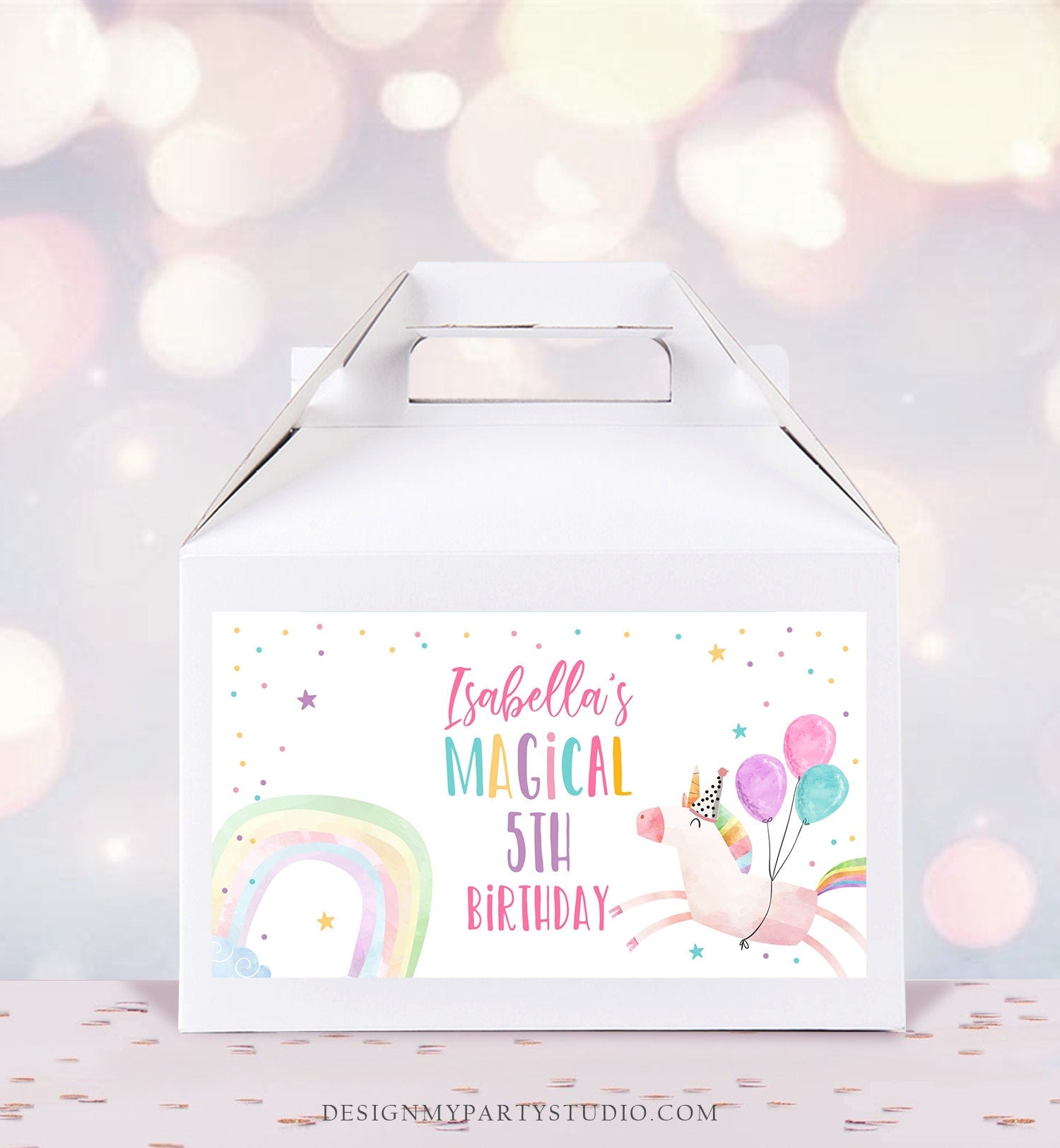 Editable Unicorn Birthday Party Gable Box Favor Label Magical Unicorn Gift Box Labels Girl Pink Pastel Unicorn Download Printable Corjl 0336