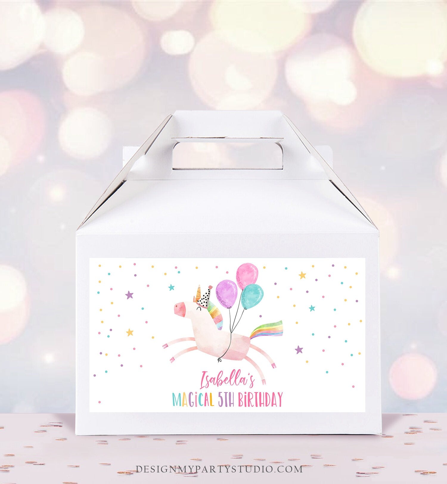 Editable Unicorn Birthday Party Gable Box Favor Label Magical Unicorn Gift Box Labels Girl Pink Pastel Unicorn Download Printable Corjl 0336
