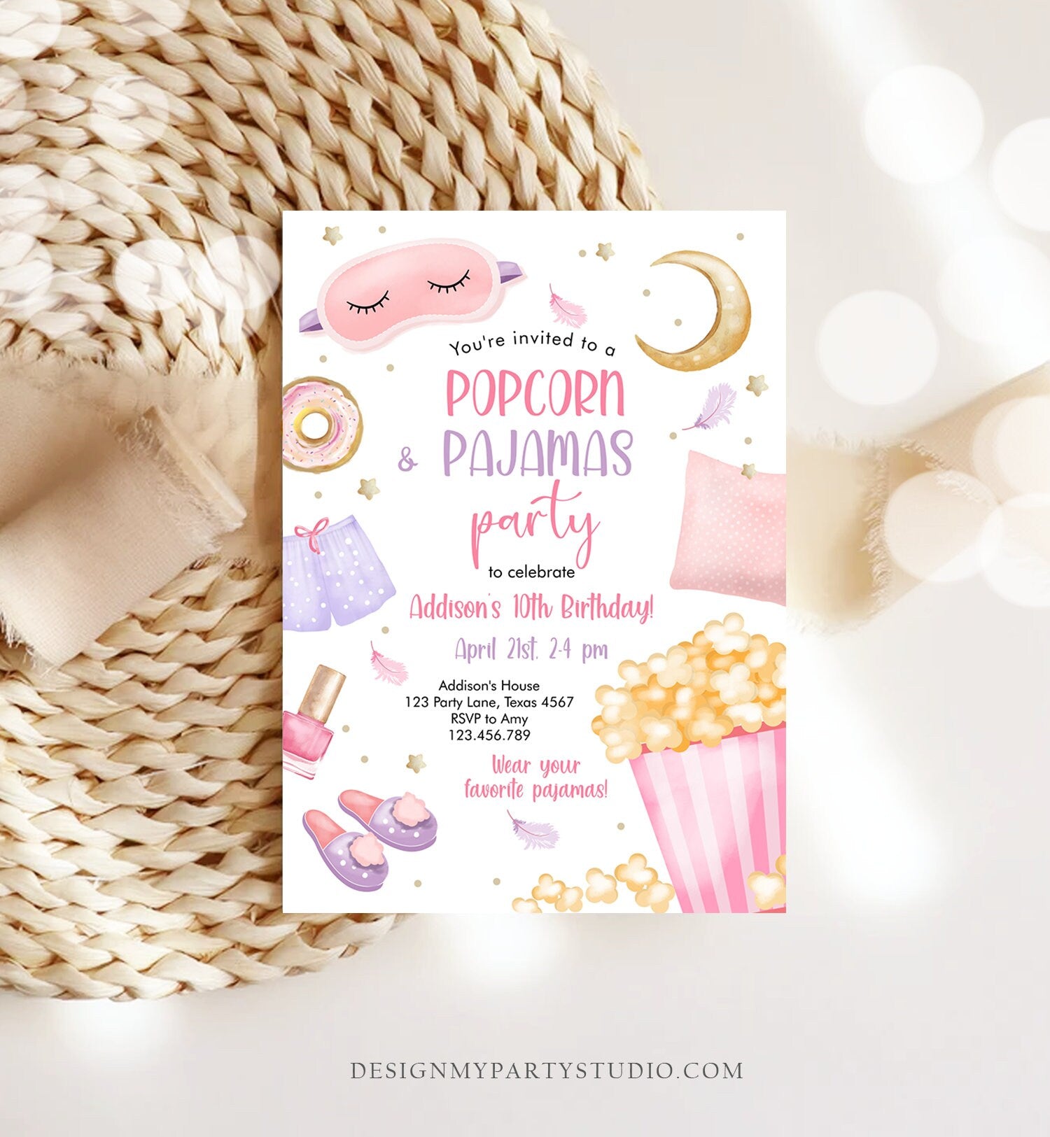 Editable Popcorn and Pajamas Birthday Invitation Movie Night Party Girl Pink Teen Tween Slumber Party Digital Corjl Template Printable 0447