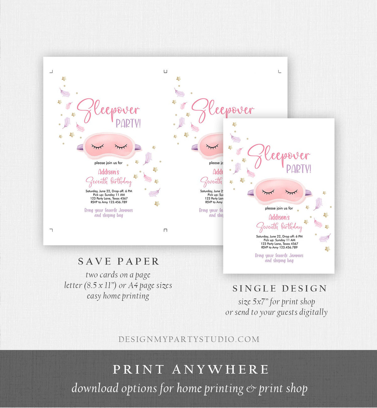 Editable Slumber Party Birthday Invitation Sleepover Birthday Invite Pink Girl Spa Tween Teen Digital Download Printable Template Corjl 0447