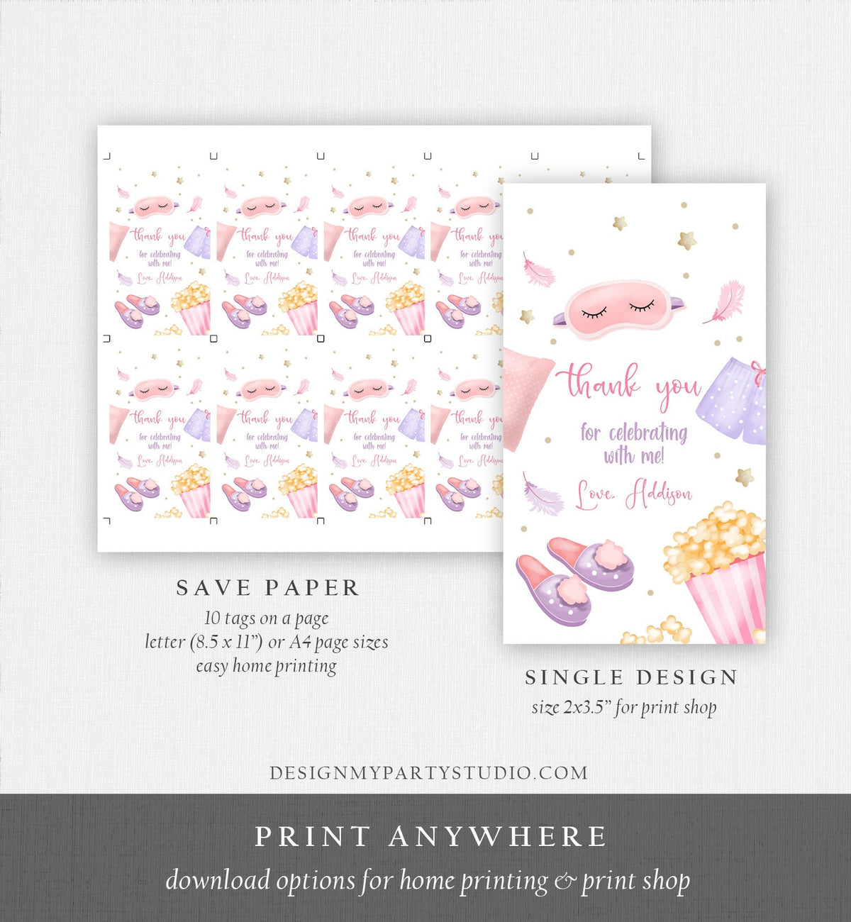 Editable Slumber Party Thank You Tag Sleepover Favor Tags Pink Girl Movie Night Teen Popcorn Pajamas Labels Template Printable Corjl 0447