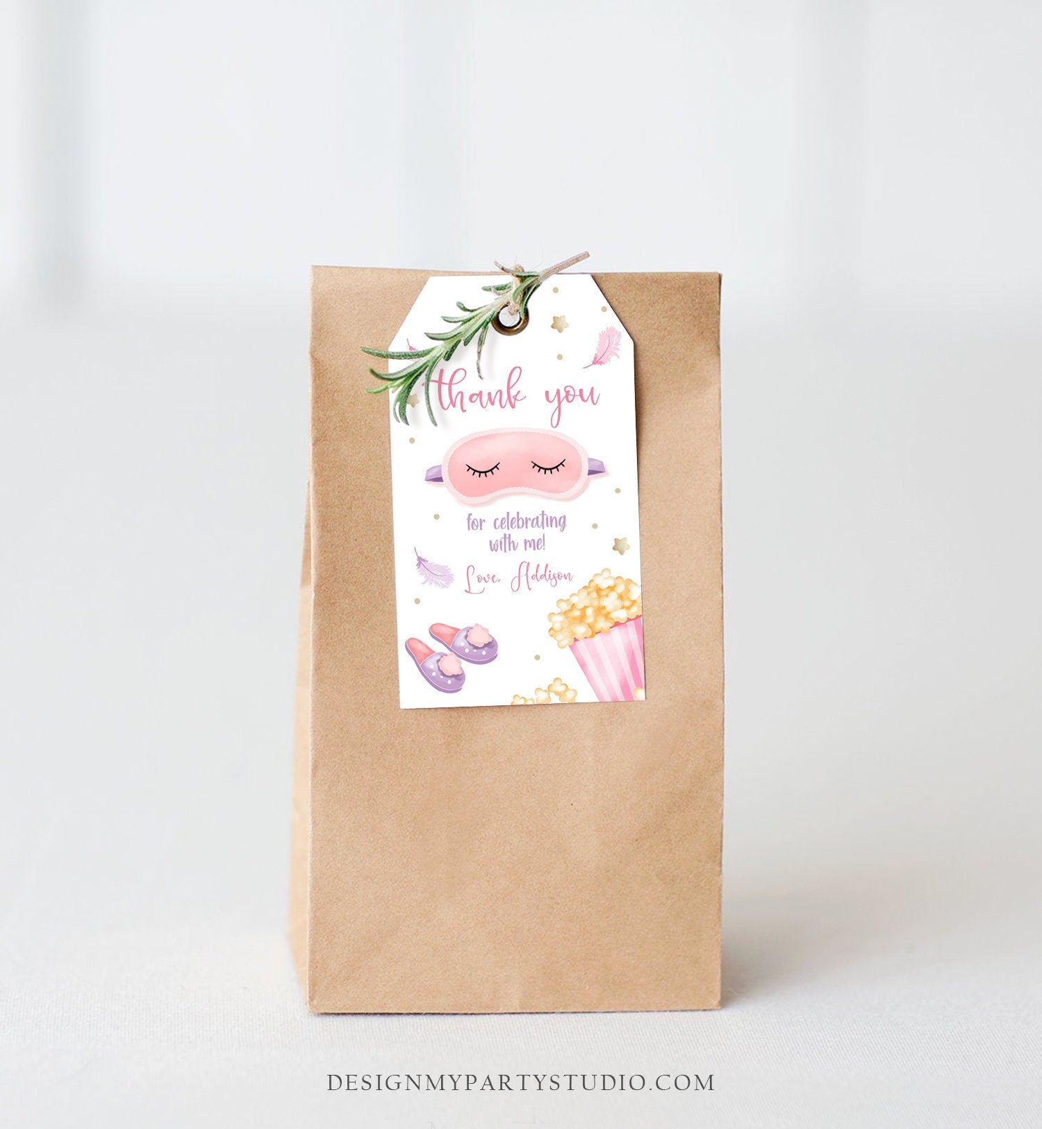 Editable Slumber Party Thank You Tag Sleepover Favor Tags Pink Girl Movie Night Mask Favor Tags Pajamas Labels Template Printable Corjl 0447