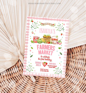 Editable Farmers Market Birthday Invitation Pink Strawberry Home Grown Veggies Farm Market Download Printable Invite Template Corjl 0144