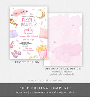 Editable Pizza and Pajamas Birthday Invitation Movie Night Party Girl Pink Teen Tween Slumber Party Digital Corjl Template Printable 0447