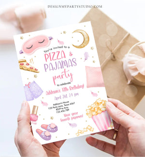 Editable Pizza and Pajamas Birthday Invitation Movie Night Party Girl Pink Teen Tween Slumber Party Digital Corjl Template Printable 0447