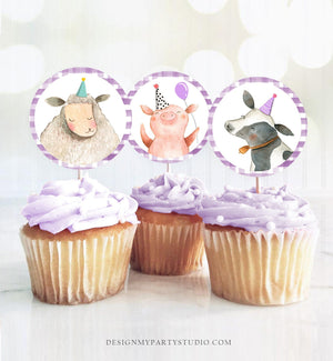 Farm Animals Cupcake Toppers Barnyard Farm Birthday Party Decoration Girl Party Animals Purple Stickers Digital Download PRINTABLE 0155