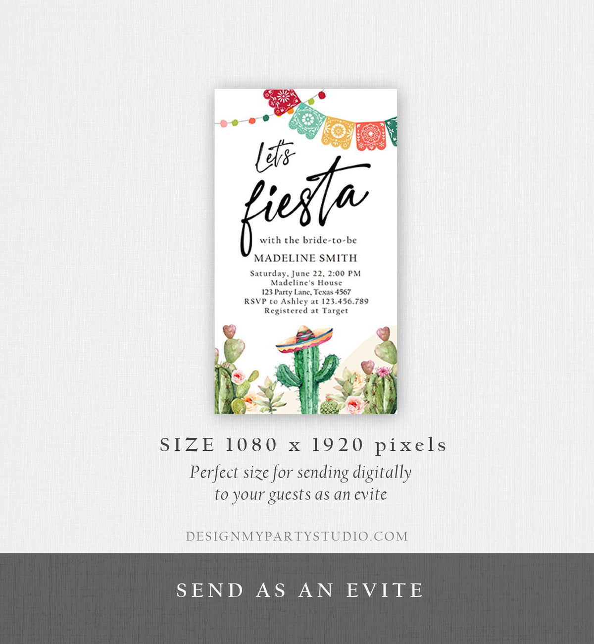 Editable Fiesta Bridal Shower Evite Couples Shower Mexican Cactus Succulent Desert Floral Invitation Phone Electronic Template Corjl 0404