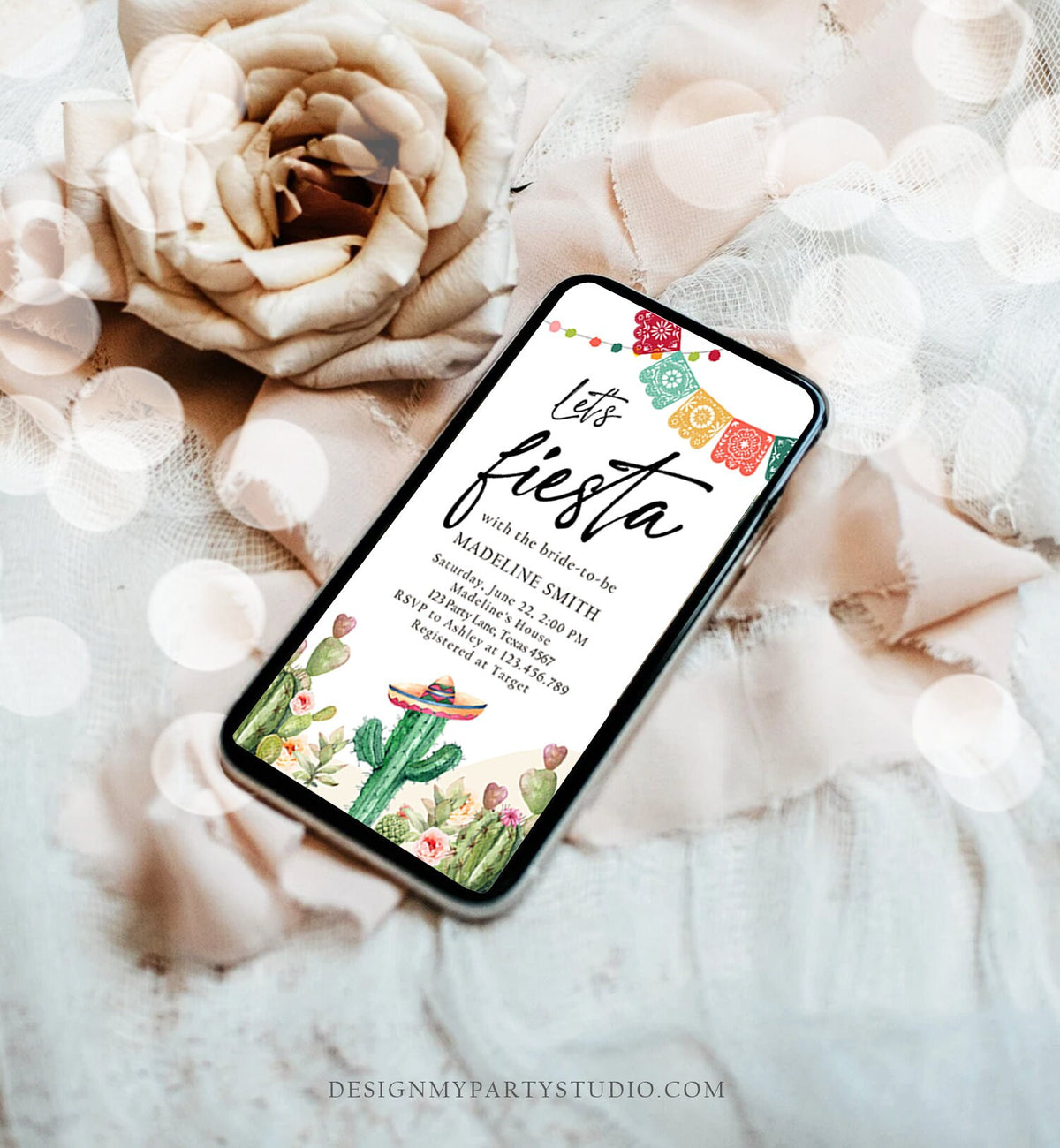 Editable Fiesta Bridal Shower Evite Couples Shower Mexican Cactus Succulent Desert Floral Invitation Phone Electronic Template Corjl 0404