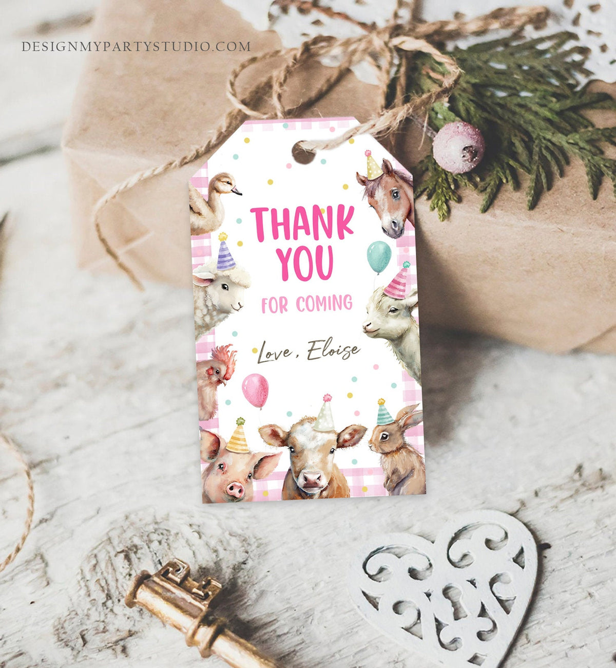 Editable Farm Favor Tags Tags Pink Farm Birthday Thank you tags Barnyard Gift Tags Girl Birthday Party Animals Template PRINTABLE Corjl 0448