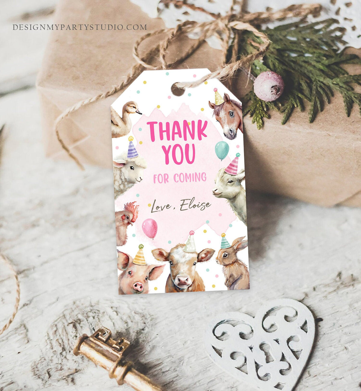 Editable Farm Favor Tags Tags Pink Farm Birthday Thank you tags Barnyard Gift Tags Girl Birthday Party Animals Template PRINTABLE Corjl 0448