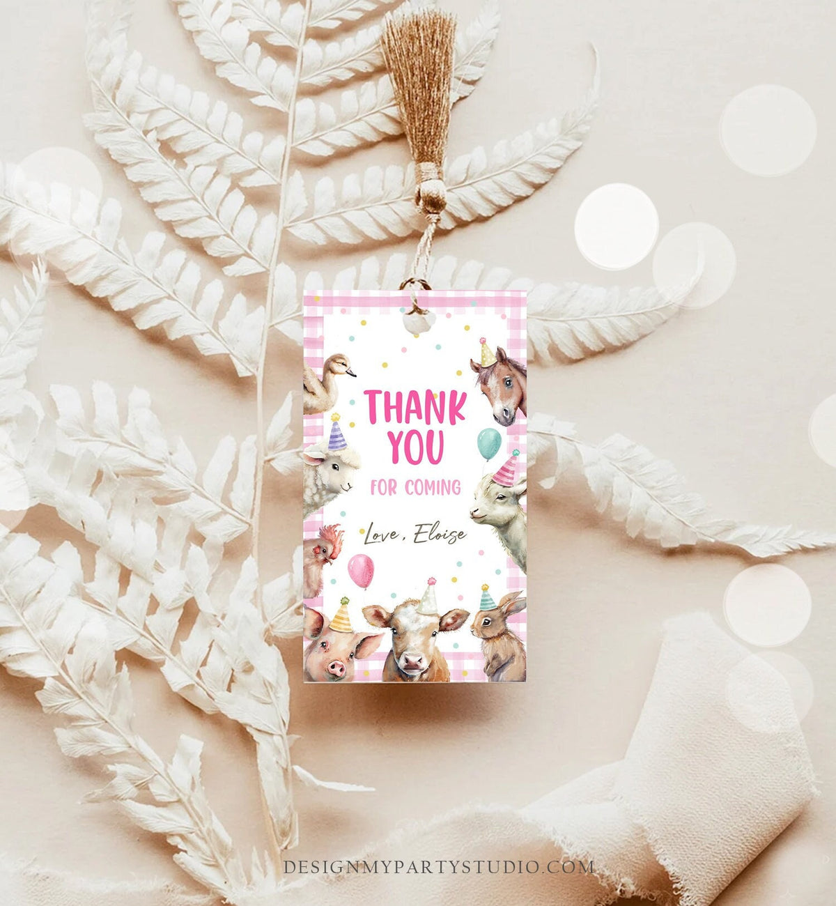 Editable Farm Favor Tags Tags Pink Farm Birthday Thank you tags Barnyard Gift Tags Girl Birthday Party Animals Template PRINTABLE Corjl 0448