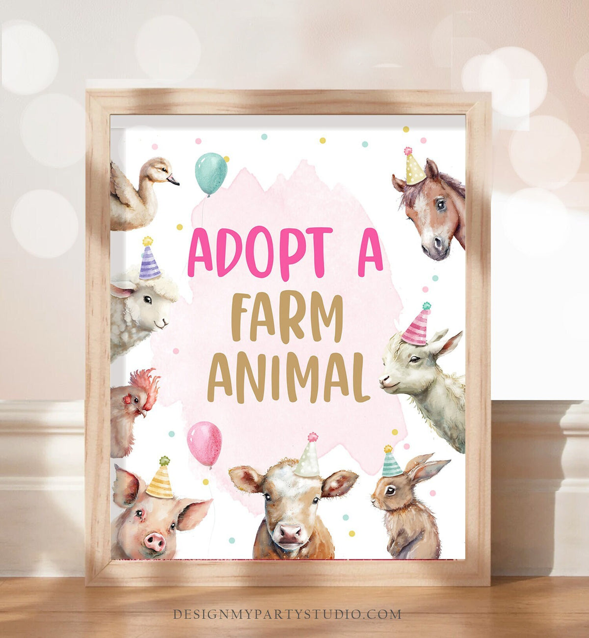 Adopt a Farm Animal Party Sign Farm Birthday Sign Favors Barnyard Birthday Farm Animals Girl Favor Sign Pink Farm Party Printable 0448