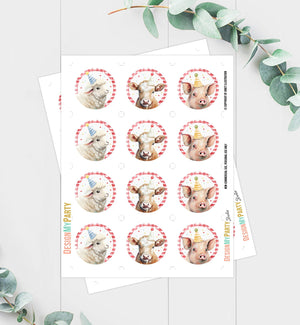 Barnyard Birthday Cupcake Toppers Favor Tags Farm Birthday Party Decoration Red Farm Animals Stickers download Digital PRINTABLE 0448