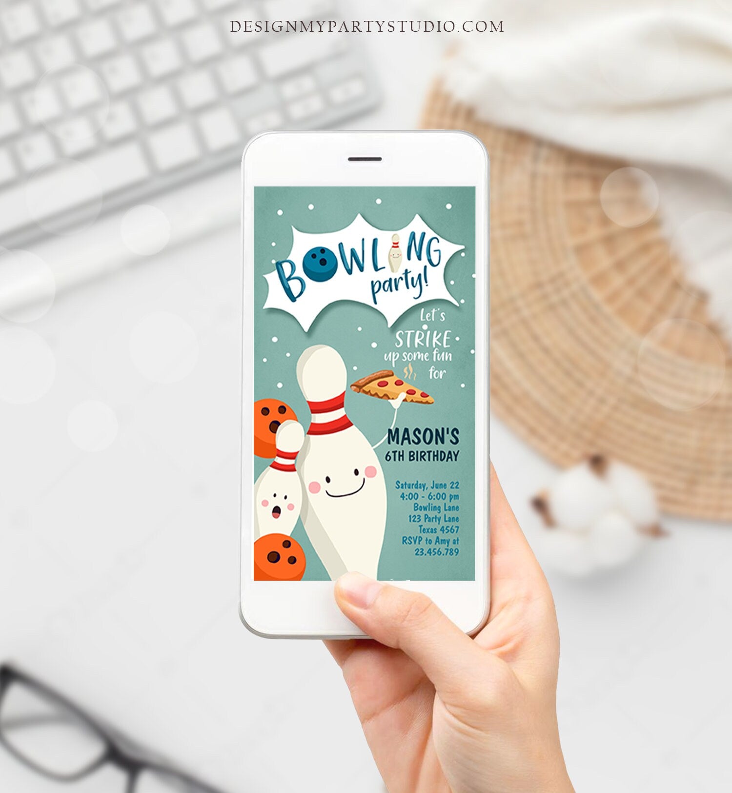 Editable Bowling Birthday Evite Strike Up Some Fun Boy Bowling Party Pizza Blue Download Phone Invitation Digital Template Corjl 0324