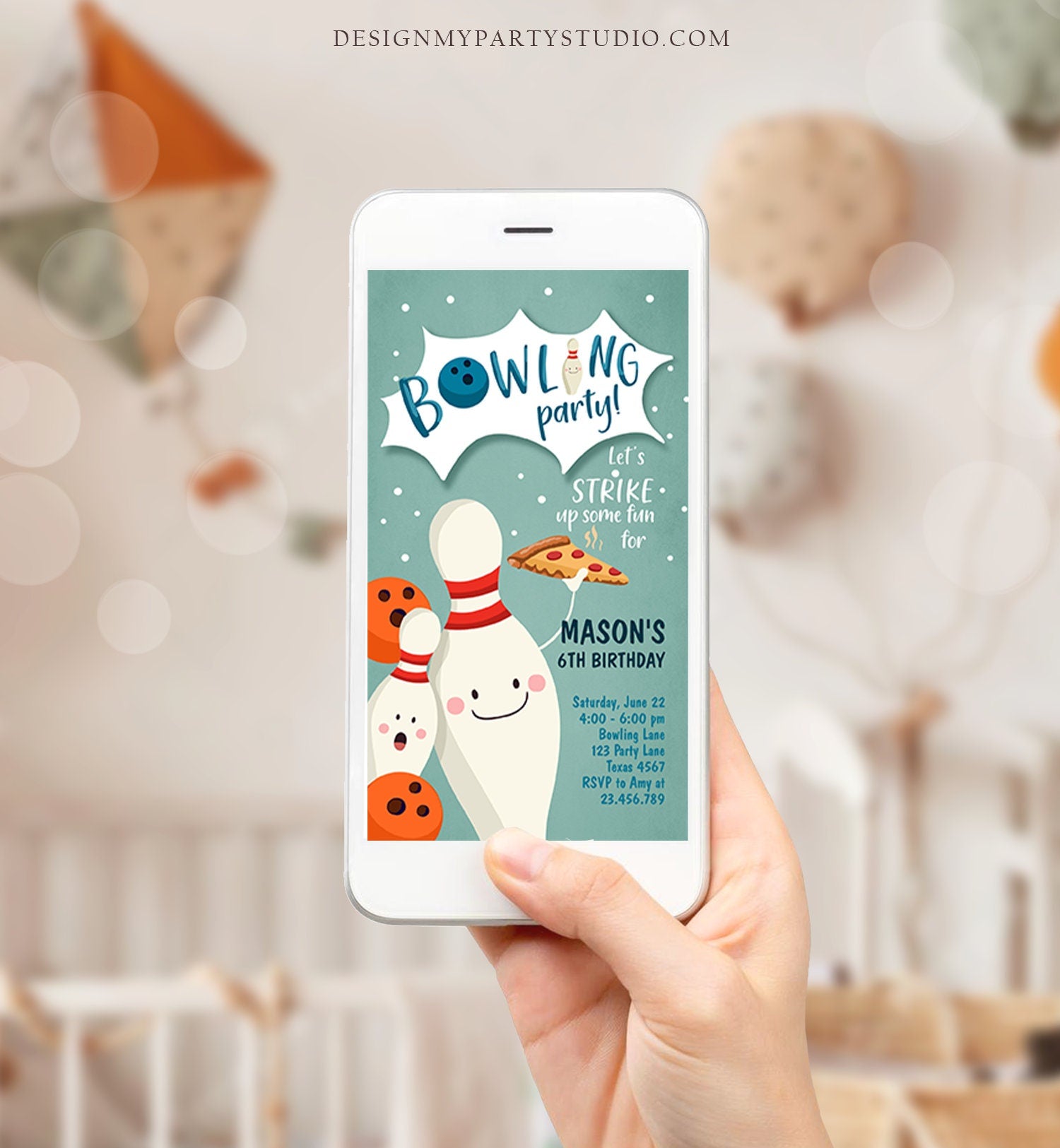 Editable Bowling Birthday Evite Strike Up Some Fun Boy Bowling Party Pizza Blue Download Phone Invitation Digital Template Corjl 0324