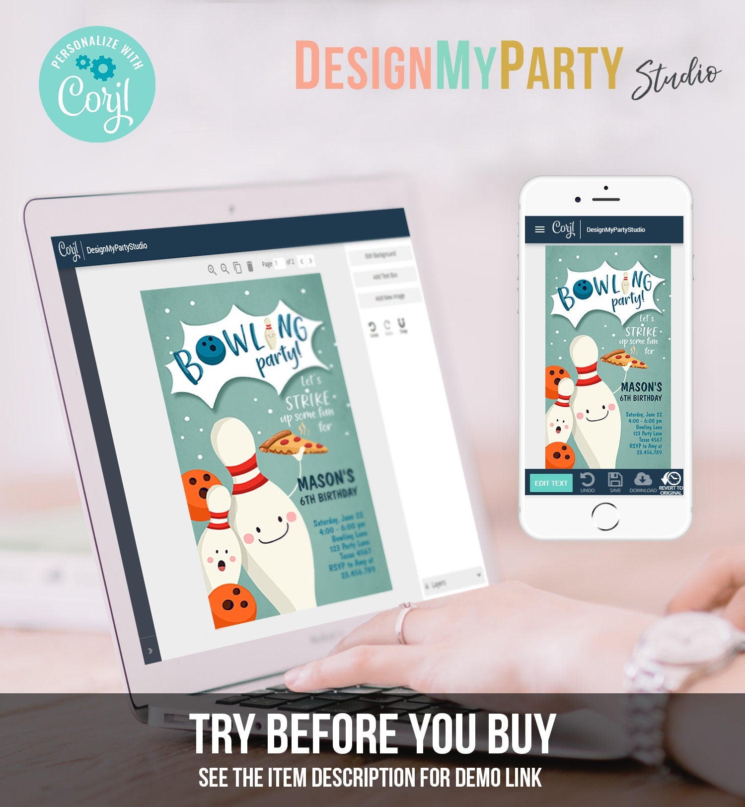 Editable Bowling Birthday Evite Strike Up Some Fun Boy Bowling Party Pizza Blue Download Phone Invitation Digital Template Corjl 0324